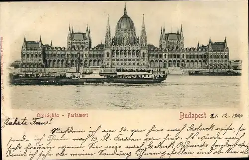 Relief Ak Budapest Ungarn, Országház, Parlament, Uferpartie, Dampfer