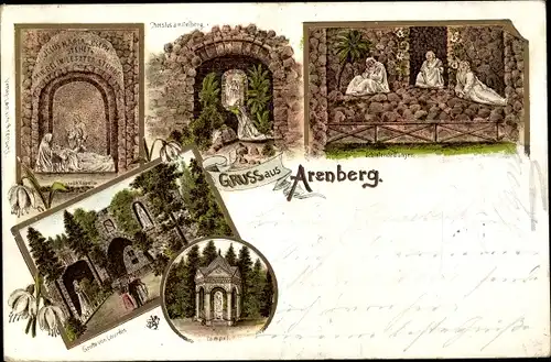 Litho Arenberg Koblenz Rheinland Pfalz, Tempel, Grotte von Lourdes, Christus am Oelberg