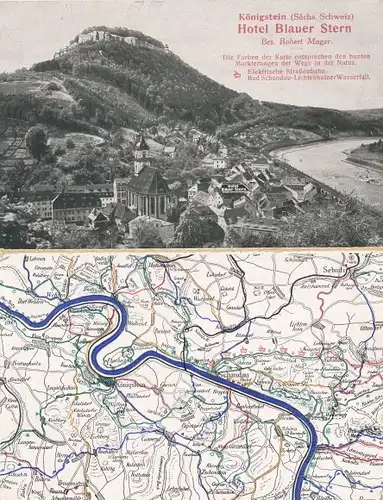 Landkarten Klapp Ak Königstein an der Elbe Sächsische Schweiz, Hotel Blauer Stern, Robert Mager