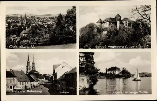 Ak Oelsnitz Vogtland, Schloss Voigtsberg, Jugendheim, Jugendherberge Taltitz, Platz der Befreiung