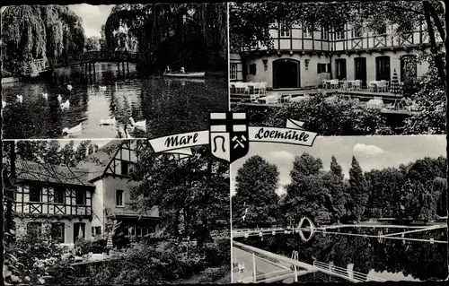 Ak Marl im Ruhrgebiet, Loemühle, Wappen, Schwanenteich, Freibad