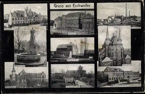 Ak Eschweiler Nordrhein Westfalen, Teilansichten, Realschule, Kriegerdenkmal, Kath. Kirche, Gericht