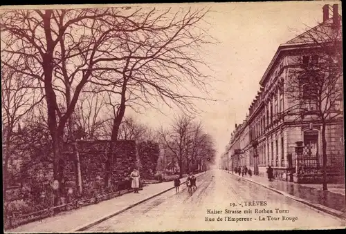 Ak Trier in Rheinland Pfalz, Teilansicht, Kaiserstraße mit Rotem Turm, Rue de'l Empereur