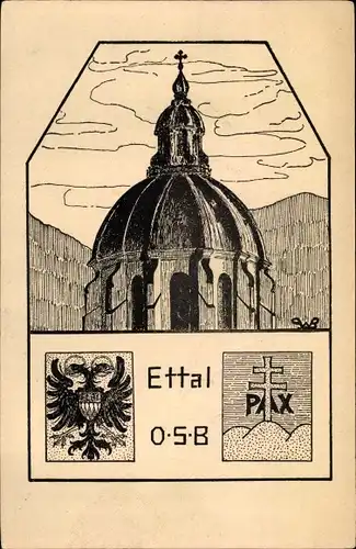 Künstler Ak Ettal Oberbayern, Ortsansicht, Wappen Adler