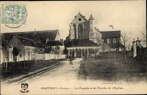 Ak Pontigny Yonne, La Facade et le Porche de l'Eglise