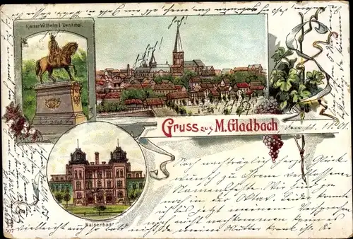 Litho Mönchengladbach Nordrhein Westfalen, Kaiser Wilhelm Denkmal, Panorama, Kaiserbad