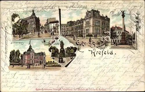 Litho Krefeld am Niederrhein, Hochstraße, Webeschule, Cornelius Denkmal, Ständehaus