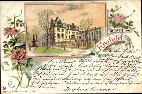Litho Krefeld am Niederrhein, Rathaus, Rosen