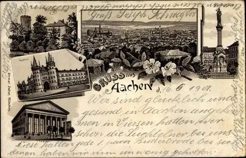 Litho Aachen in Nordrhein Westfalen, Frankenburg, Panorama, Mariensäule, Theater, Kaserne