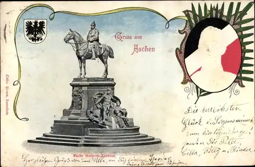 Präge Wappen Ak Aachen in Nordrhein Westfalen, Kaiser Wilhelm Denkmal, Kaiser Wilhelm II.