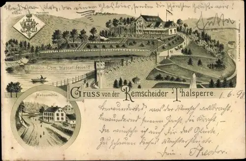 Litho Remscheid im Bergischen Land, Talsperre, Mebusmühle, Stadtwappen