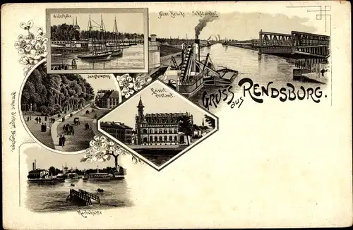 Litho Rendsburg in Schleswig Holstein, Postamt, Brücke, Schützenhof, Karlshütte