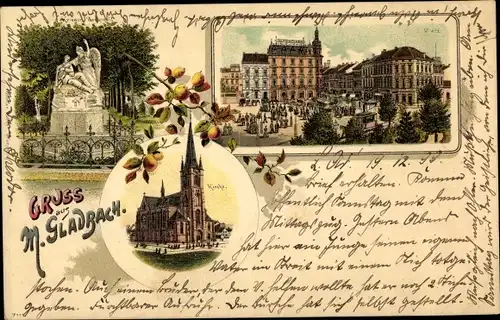 Litho Mönchengladbach in Nordrhein Westfalen, Kirche, Kriegerdenkmal, Marktplatz