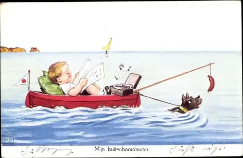 Künstler Ak Wills, John, Mijn buitenboordmotor, Junge im Boot, Hund im Wasser zieht das Boot