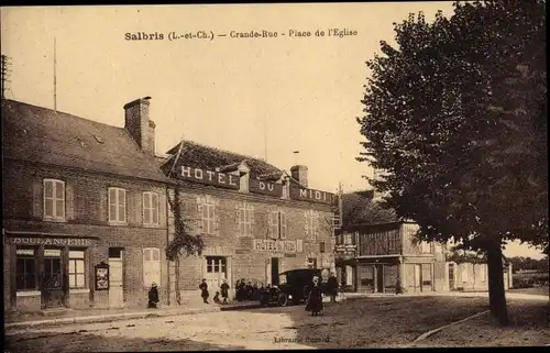 Ak Salbris Loir et Cher, Grande Rue, Place de l'Eglise, Hotel du Midi