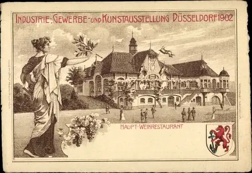 Wappen Litho Düsseldorf am Rhein, Industrie und Gewerbeausstellung 1902, Festhalle