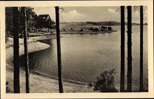 Ak Talsperre Pirk bei Oelsnitz Vogtland, Durchblick zum Stausee