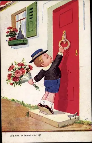Ak Kleiner Junge mit Blumenstrauß klopft an die Tür
