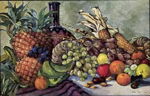 Künstler Ak Stilleben mit Früchten, Gemüse und Nüssen