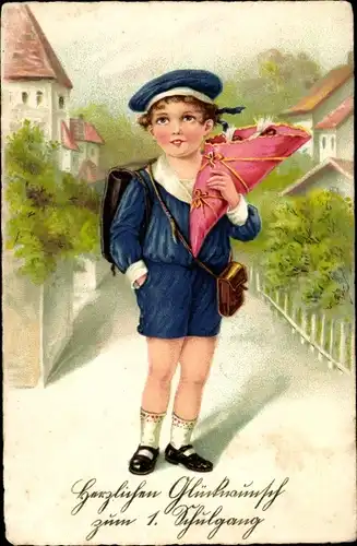 Ak Glückwunsch Einschulung, Junge in Matrosenanzug mit Zuckertüte