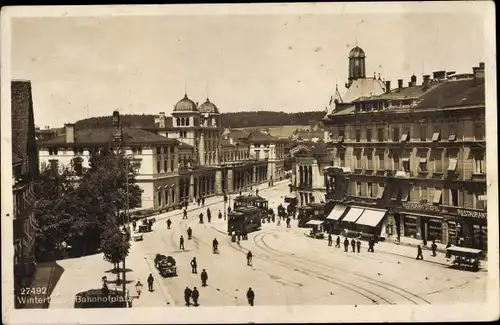 Ak Winterthur Kanton Zürich, Bahnhofplatz, Trams