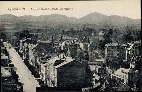 Ak Landau in der Pfalz, Panorama, Blick auf Westbahnstraße und Vogesen