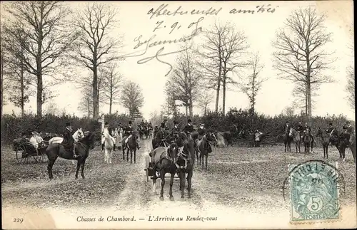 Ak Loir et Cher, Chasses de Chambord, l'Arrivée au Rendez vous, Jagdgesellschaft