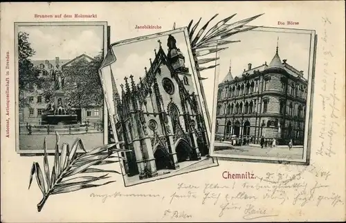 Ak Chemnitz Sachsen, Brunnen, Holzmarkt, Jacobikirche, Börse