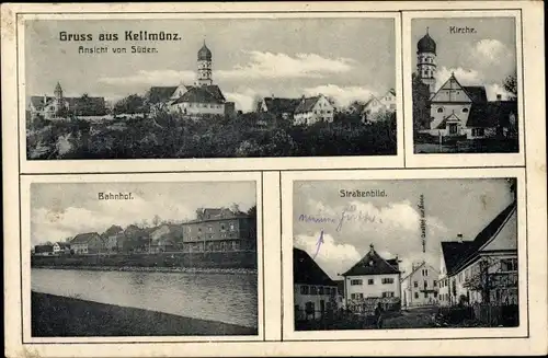 Ak Kellmünz in Schwaben, Kirche, Bahnhof, Straßenpartie, Gasthof zur Krone
