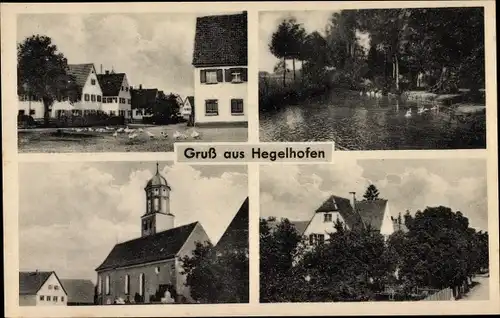 Ak Hegelhofen Weißenhorn in Bayern, Straßenpartie, Kirche, Wohnhäuser, Teich