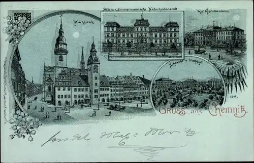 Mondschein Litho Chemnitz Sachsen, Marktplatz, Gymnasium, Schlachthof, Naturheilanstalt