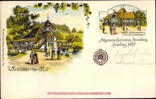Litho Hamburg, Allgemeine Gartenbauausstellung 1897, Weinhütte im Tal