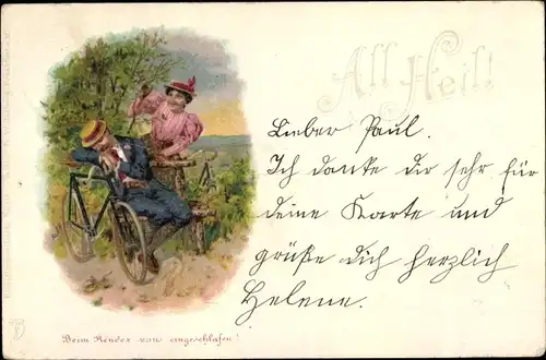 Litho All Heil, schlafender Mann, Frau, Fahrrad, Radfahrer