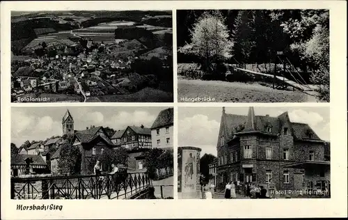 Ak Morsbach im Oberbergischen Kreis, Hotel Prinz Heinrich, Totale, Hängebrücke, Dorfpartie