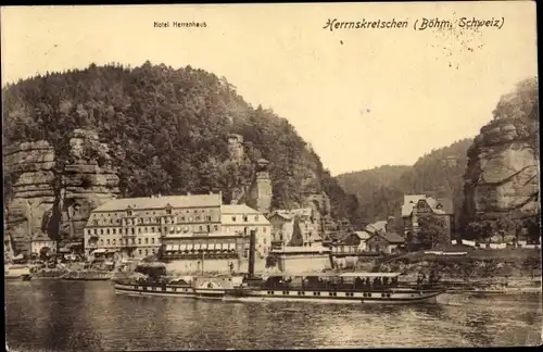 Ak Hřensko Herrnskretschen Elbe Reg. Aussig, Hotel Herrenhaus, Salondampfer