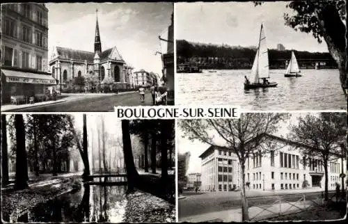 Ak Boulogne sur Seine Hauts de Seine, Regates, Bois de Boulogne, la mairie, l'eglise