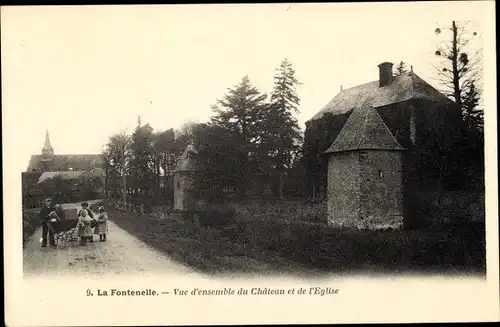 Ak La Fontenelle Loir et Cher, Vue d'ensemble du Chateau et de l'Eglise, Kinderwagen