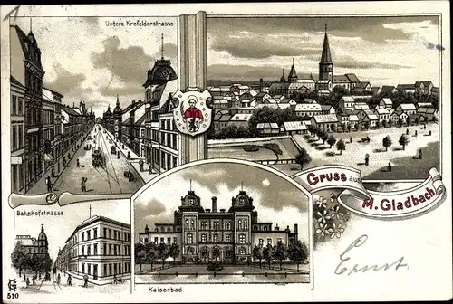 Litho Mönchengladbach Nordrhein Westfalen, Krefelder Straße, Bahnhofstraße, Kaiserbad, Panorama