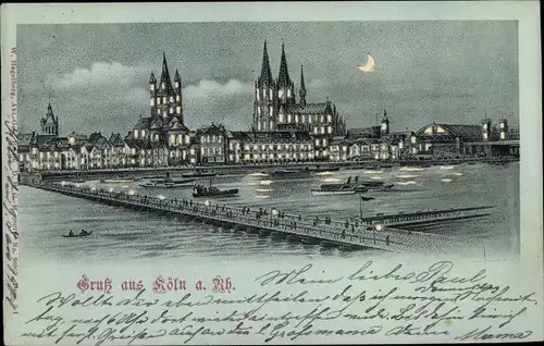 Haltgegendaslicht Mondschein Litho Köln am Rhein, Panorama vom Ort