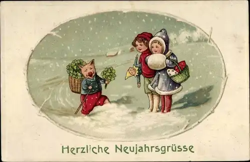 Präge Ak Glückwunsch Neujahr, Kinder im Schnee, Schwein, Kleeblätter