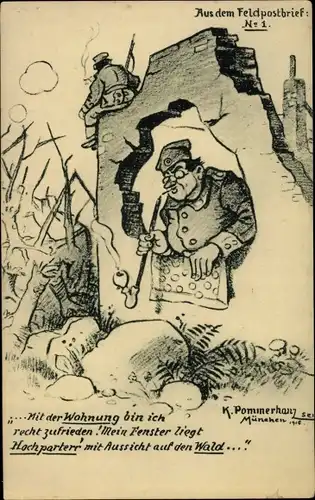 Künstler Ak Pommerhanz, K., Soldatenunterkunft in Ruinen, Feldpostbrief No. 1