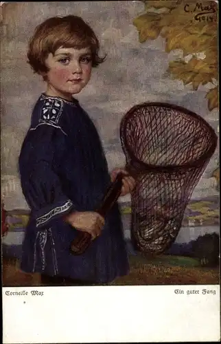 Künstler Ak Max, Corneille, Ein guter Fang, Kind mit Käscher, Primus 3046