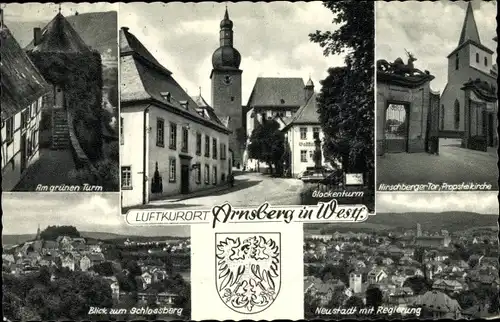 Wappen Ak Arnsberg im Sauerland, grüner Turm, Probsteikirche, Hirschberger Tor, Glockenturm