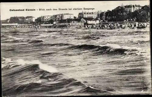 Ak Ostseebad Bansin Heringsdorf auf Usedom, Strandblick bei starkem Seegang