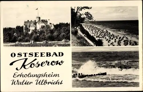 Ak Ostseebad Koserow auf Usedom, Erholungsheim Walter Ulbricht, Strand, Meer