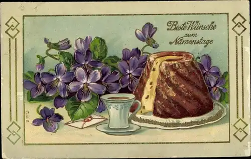 Präge Litho Glückwunsch Namenstag, Napfkuchen, Veilchen