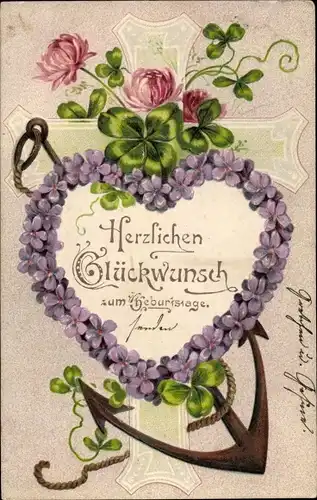 Präge Litho Glückwunsch Geburtstag, Veilchenherz, Kleeblätter, Kreuz, Anker