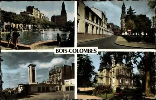 Ak Bois Colombes Hauts de Seine, Le bassin, Groupe P. Bert, la gare, square Foch