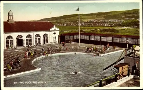 Ak Prestatyn Wales, Bathing Pool, general view, bathers, building, landscape