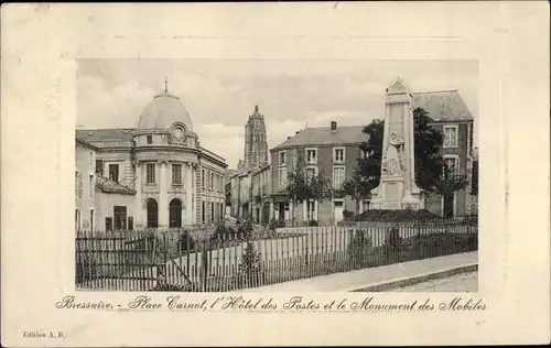 Ak Bressuire Deux Sèvres, Place Cainot, l'Hotel des Postes et le Monument des Mobiles